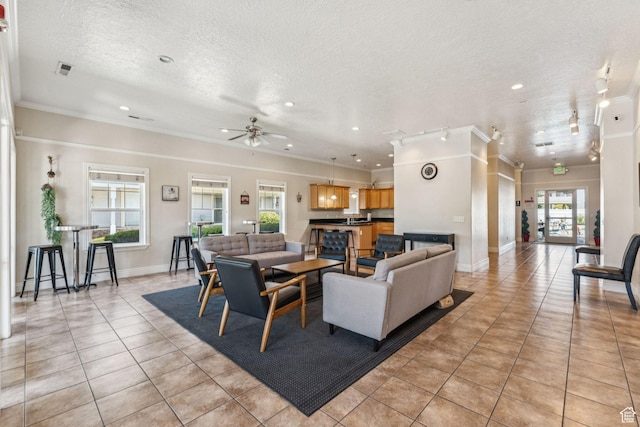 1535 W 80 S, Pleasant Grove, UT 84062 - living room featuring light tile patterned floors, a textured ceiling, ornamental molding, recessed lighting, and ceiling fan