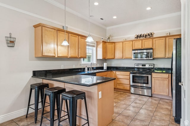 1535 W 80 S, Pleasant Grove, UT 84062 - kitchen featuring appliances with stainless steel finishes, a peninsula, light tile patterned floors, hanging light fixtures, and crown molding