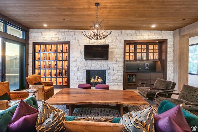 1545 N Red Castle Cir, Heber City, UT 84032 - living room with wooden ceiling, a stone fireplace, a chandelier, and recessed lighting