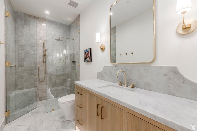 1545 N Red Castle Cir, Heber City, UT 84032 - bathroom featuring vanity, a tile shower, marble finish flooring, and recessed lighting