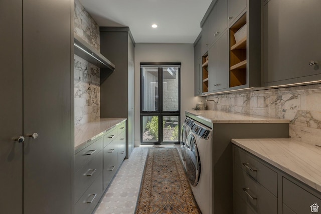 1545 N Red Castle Cir, Heber City, UT 84032 - kitchen with independent washer and dryer, gray cabinets, backsplash, and recessed lighting