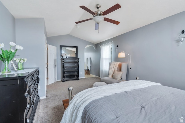 1696 N 2640 W, Lehi, UT 84043 - bedroom with vaulted ceiling, carpet, arched walkways, and a ceiling fan