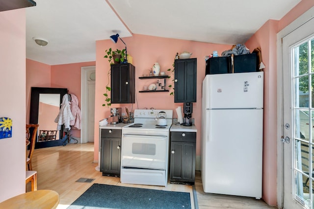 442 N 100 E, Provo, UT 84606 - kitchen featuring white appliances, light wood-style flooring, light countertops, open shelves, and vaulted ceiling