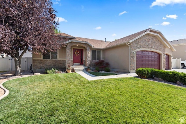 1827 E 1530 S, Spanish Fork, UT 84660 - ranch-style home with stone siding, an attached garage, stucco siding, and a gate