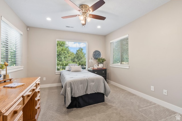 1155 S Eagle Nest Dr, Woodland Hills, UT 84653 - bedroom featuring multiple windows, light colored carpet, ceiling fan, and recessed lighting