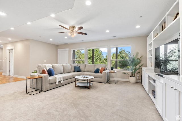 1155 S Eagle Nest Dr, Woodland Hills, UT 84653 - living room with light colored carpet, recessed lighting, and ceiling fan