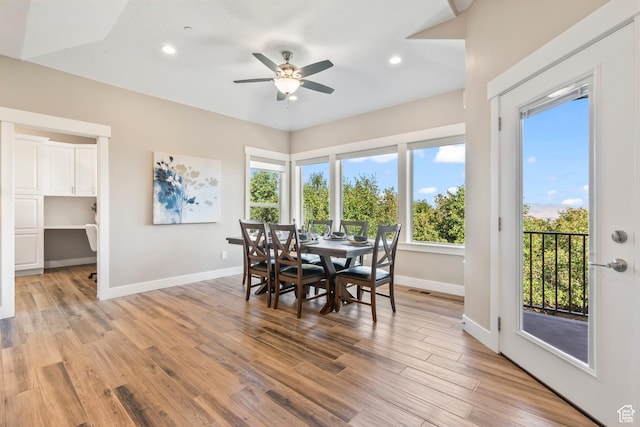 1155 S Eagle Nest Dr, Woodland Hills, UT 84653 - dining room with ceiling fan, light wood-type flooring, and recessed lighting