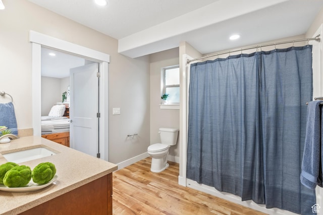 1155 S Eagle Nest Dr, Woodland Hills, UT 84653 - full bath featuring vanity, wood finished floors, curtained shower, and recessed lighting