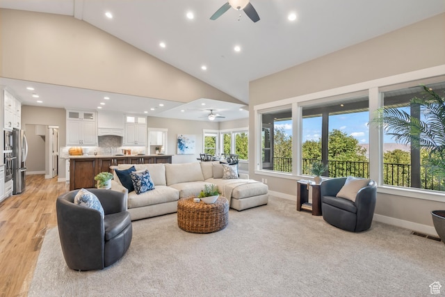 1155 S Eagle Nest Dr, Woodland Hills, UT 84653 - living area with ceiling fan, recessed lighting, high vaulted ceiling, and light wood-style floors