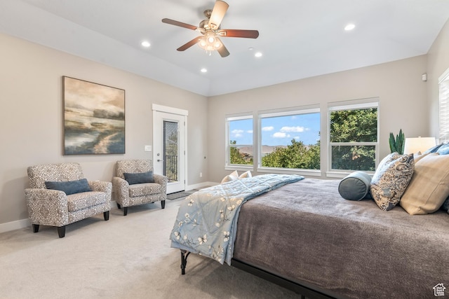 1155 S Eagle Nest Dr, Woodland Hills, UT 84653 - bedroom featuring access to exterior, multiple windows, recessed lighting, ceiling fan, and light carpet