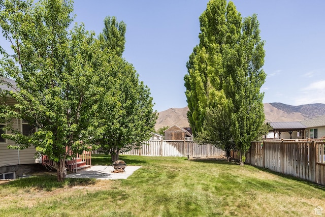 2080 E Fall St, Eagle Mountain, UT 84005 - fenced backyard featuring a mountain view, an outdoor fire pit, and a patio area