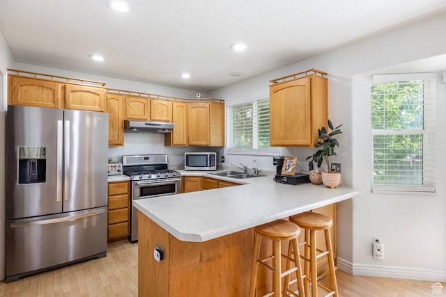 2080 E Fall St, Eagle Mountain, UT 84005 - kitchen featuring stainless steel appliances, under cabinet range hood, light wood-type flooring, light countertops, and a peninsula