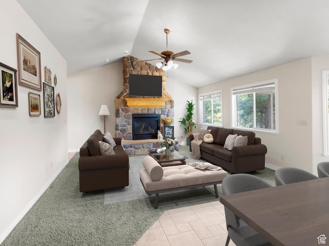 643 E 140 N, American Fork, UT 84003 - living area with ceiling fan, vaulted ceiling, and a fireplace