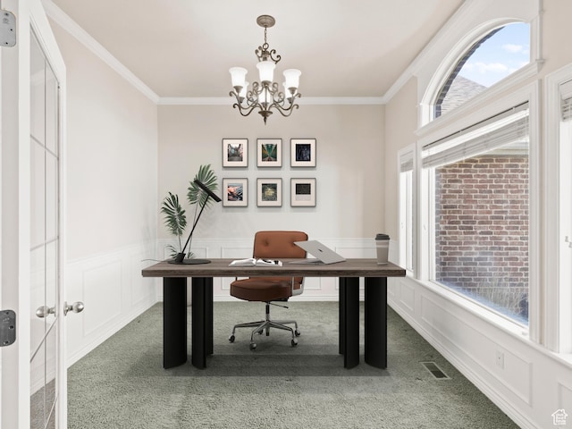 643 E 140 N, American Fork, UT 84003 - home office featuring carpet, a chandelier, ornamental molding, and a wainscoted wall