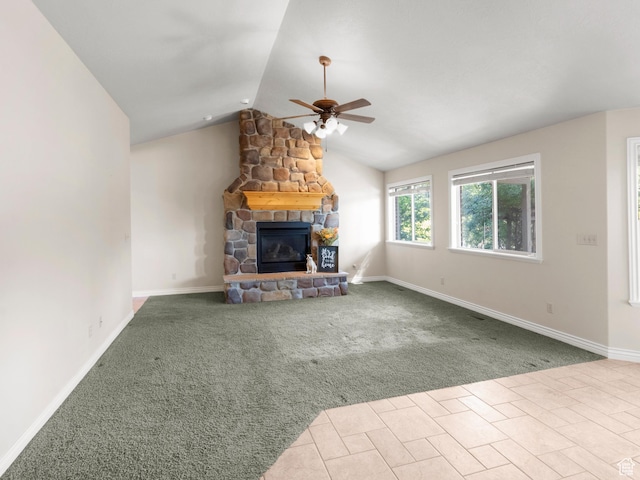 643 E 140 N, American Fork, UT 84003 - unfurnished living room featuring ceiling fan, a fireplace, vaulted ceiling, and carpet
