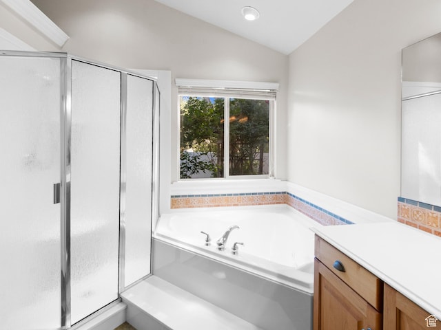 643 E 140 N, American Fork, UT 84003 - bathroom featuring vaulted ceiling, a stall shower, vanity, and a garden tub