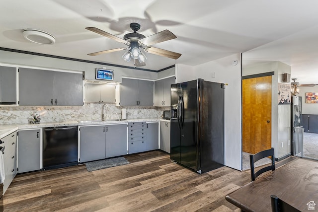 641 S 500 W, Brigham City, UT 84302 - kitchen with black appliances, ceiling fan, gray cabinets, and dark wood-style floors