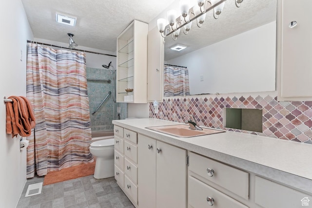 641 S 500 W, Brigham City, UT 84302 - bathroom with vanity, shower / tub combo, decorative backsplash, and a textured ceiling