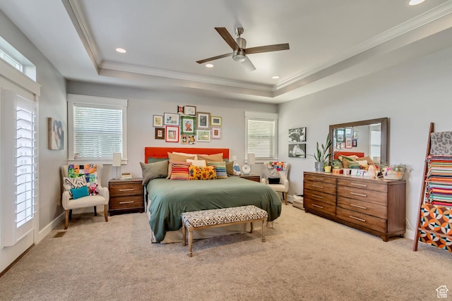 467 E Island View Cir N, Farmington, UT 84025 - bedroom with a tray ceiling, light carpet, ornamental molding, recessed lighting, and a ceiling fan