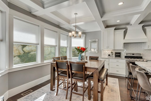 467 E Island View Cir N, Farmington, UT 84025 - dining space with coffered ceiling, dark wood-style floors, a chandelier, beam ceiling, and ornamental molding