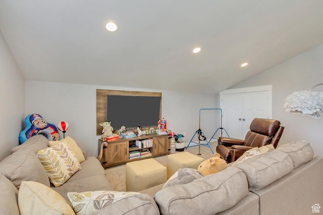 467 E Island View Cir N, Farmington, UT 84025 - living area featuring vaulted ceiling, carpet flooring, and recessed lighting