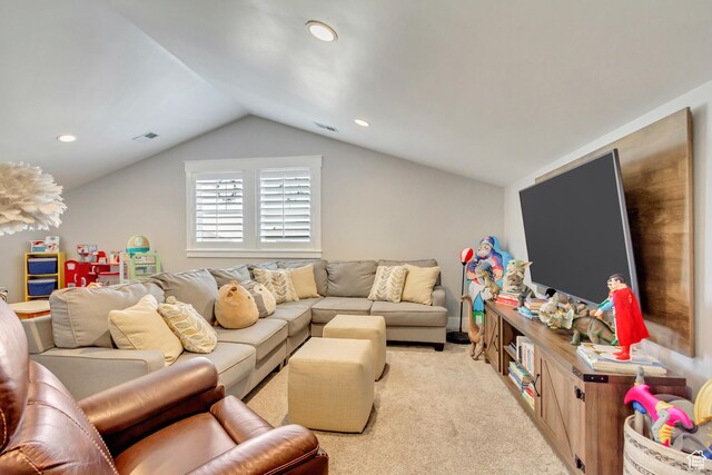467 E Island View Cir N, Farmington, UT 84025 - living area featuring lofted ceiling, light carpet, and recessed lighting