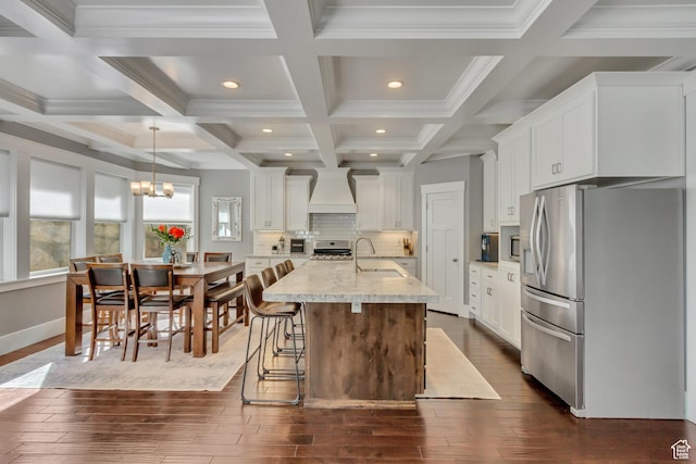 467 E Island View Cir N, Farmington, UT 84025 - kitchen featuring stainless steel refrigerator with ice dispenser, premium range hood, dark wood-style flooring, range, and white cabinetry
