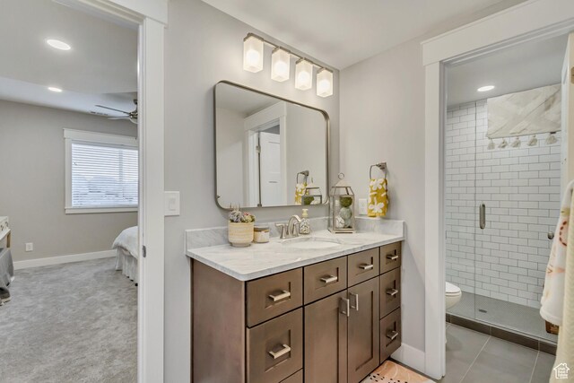 467 E Island View Cir N, Farmington, UT 84025 - ensuite bathroom with vanity, a stall shower, a ceiling fan, and recessed lighting