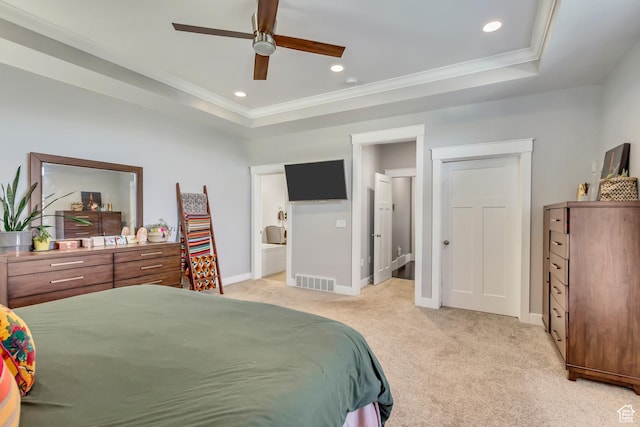 467 E Island View Cir N, Farmington, UT 84025 - bedroom featuring ornamental molding, light colored carpet, a raised ceiling, recessed lighting, and ceiling fan