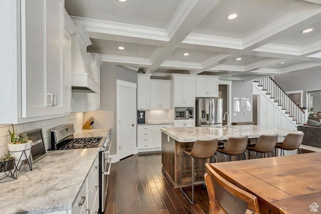 467 E Island View Cir N, Farmington, UT 84025 - kitchen featuring stainless steel appliances, a breakfast bar, beam ceiling, dark wood finished floors, and white cabinets