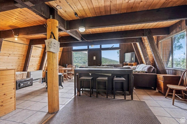 9406 Deer Creek Dr Unit 1074, Heber City, UT 84032 - tiled dining area with wood walls and a wooden ceiling with exposed beams