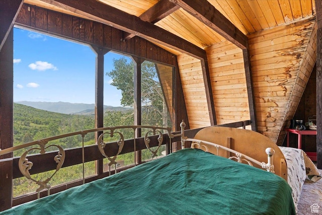 9406 Deer Creek Dr Unit 1074, Heber City, UT 84032 - bedroom with wooden walls, a mountain view, and wood ceiling