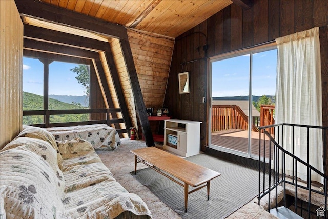 9406 Deer Creek Dr Unit 1074, Heber City, UT 84032 - living room with wood ceiling, carpet floors, wood walls, lofted ceiling, and a mountain view
