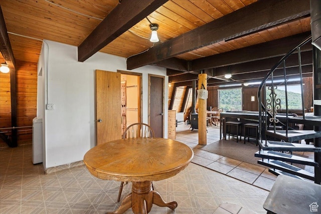 9406 Deer Creek Dr Unit 1074, Heber City, UT 84032 - dining space with a wooden ceiling with exposed beams, wood walls, and light tile patterned floors