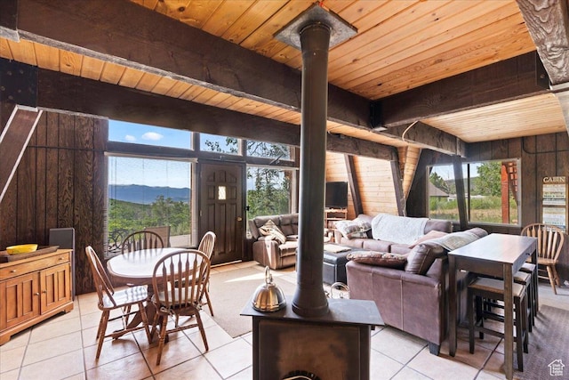 9406 Deer Creek Dr Unit 1074, Heber City, UT 84032 - living room featuring wooden ceiling, light tile patterned flooring, and wood walls