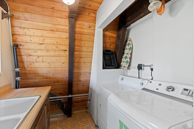9406 Deer Creek Dr Unit 1074, Heber City, UT 84032 - laundry room with washing machine and dryer, tile patterned floors, and wooden walls