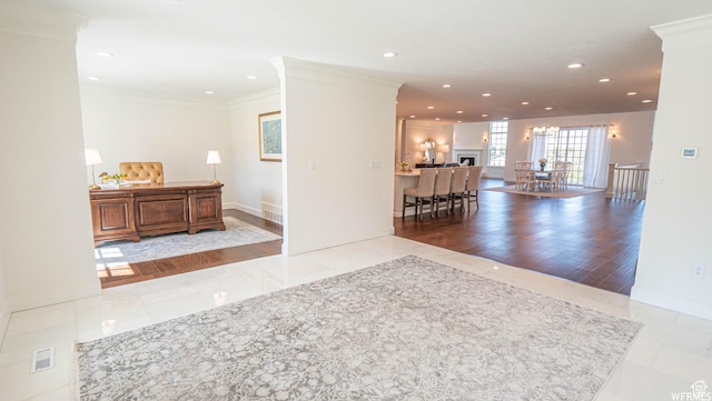 2295 E Woodchuck Way, Sandy, UT 84093 - hall featuring recessed lighting, ornamental molding, and a chandelier