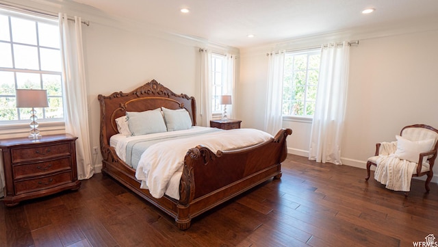 2295 E Woodchuck Way, Sandy, UT 84093 - bedroom with recessed lighting, dark wood-style flooring, and ornamental molding