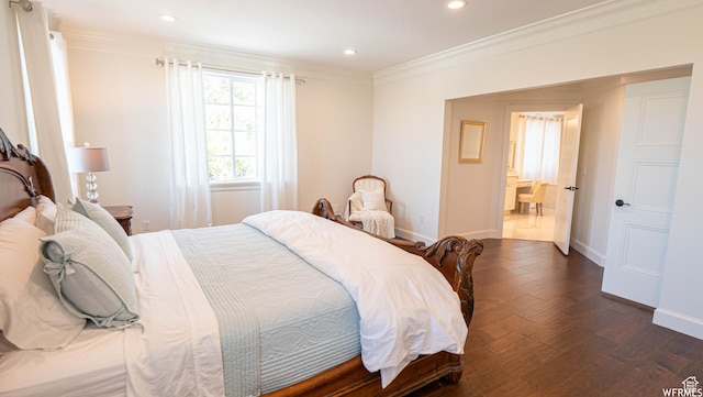 2295 E Woodchuck Way, Sandy, UT 84093 - bedroom featuring ornamental molding, recessed lighting, dark wood-style flooring, and ensuite bathroom