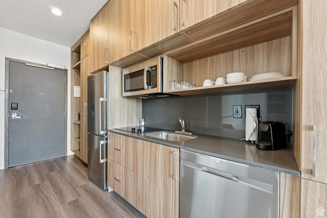 2670 Canyons Resort Dr Unit 417, Park City, UT 84098 - kitchen featuring appliances with stainless steel finishes, open shelves, modern cabinets, and light brown cabinetry