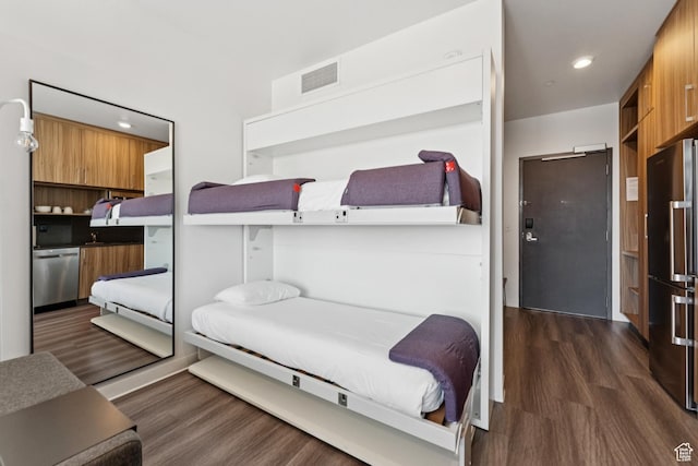 2670 Canyons Resort Dr Unit 417, Park City, UT 84098 - bedroom featuring freestanding refrigerator, dark wood-style floors, and recessed lighting