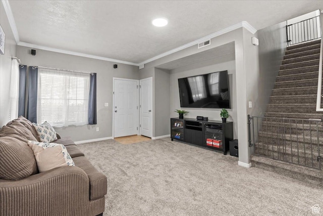 6801 W Tupelo Ln S, West Jordan, UT 84081 - carpeted living room featuring stairway and ornamental molding