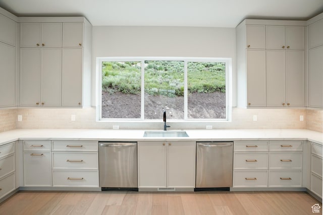 10135 E Clubhouse Rd, Heber City, UT 84032 - kitchen featuring stainless steel dishwasher, decorative backsplash, light wood-type flooring, and gray cabinets