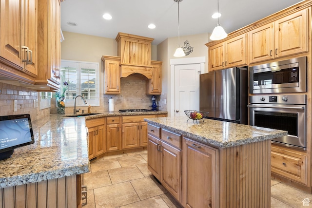 1455 W 600 S, Layton, UT 84041 - kitchen featuring appliances with stainless steel finishes, custom range hood, decorative backsplash, and light stone countertops