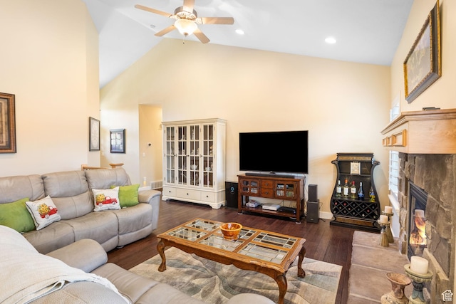 1455 W 600 S, Layton, UT 84041 - living area featuring ceiling fan, hardwood / wood-style flooring, high vaulted ceiling, a fireplace, and recessed lighting