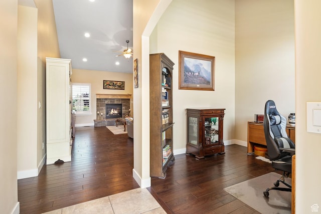 1455 W 600 S, Layton, UT 84041 - office space with a stone fireplace, hardwood / wood-style floors, ceiling fan, arched walkways, and recessed lighting