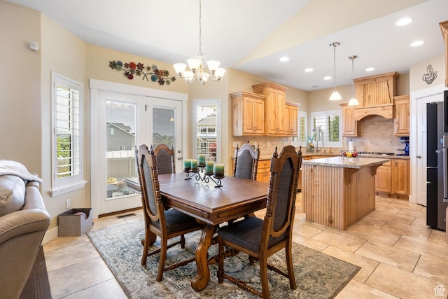 1455 W 600 S, Layton, UT 84041 - dining area with a chandelier, vaulted ceiling, and recessed lighting