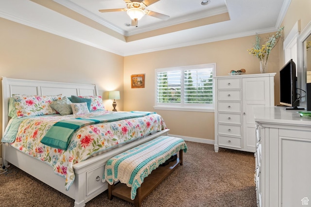 1455 W 600 S, Layton, UT 84041 - bedroom with dark colored carpet, a tray ceiling, crown molding, and a ceiling fan