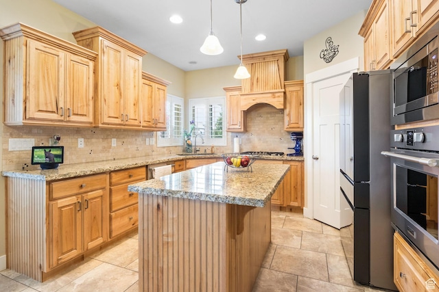 1455 W 600 S, Layton, UT 84041 - kitchen with appliances with stainless steel finishes, custom range hood, decorative backsplash, a center island, and light stone counters