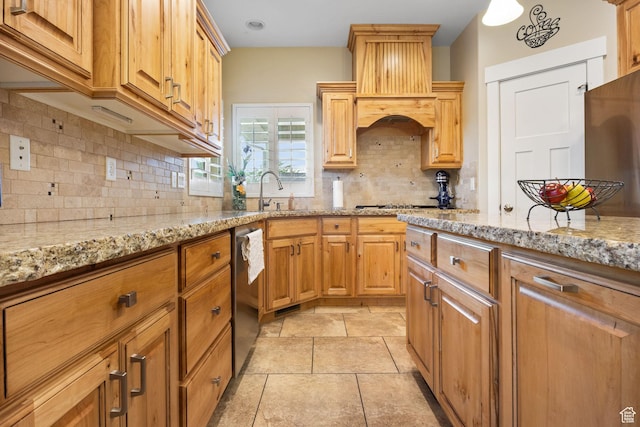 1455 W 600 S, Layton, UT 84041 - kitchen featuring premium range hood, dishwasher, light stone counters, and backsplash